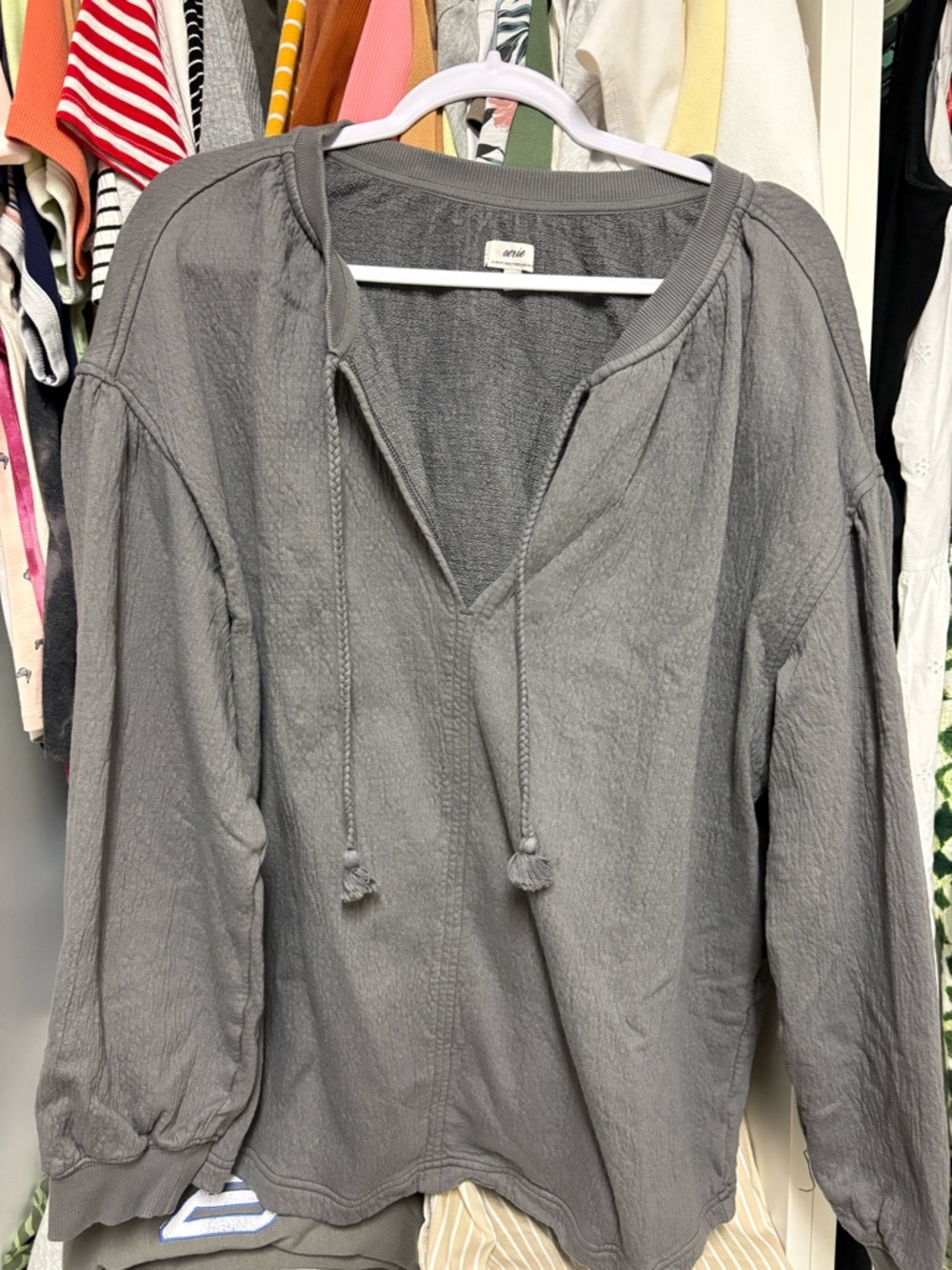 aerie Gray Waffle-Knit Hooded Pullover Top